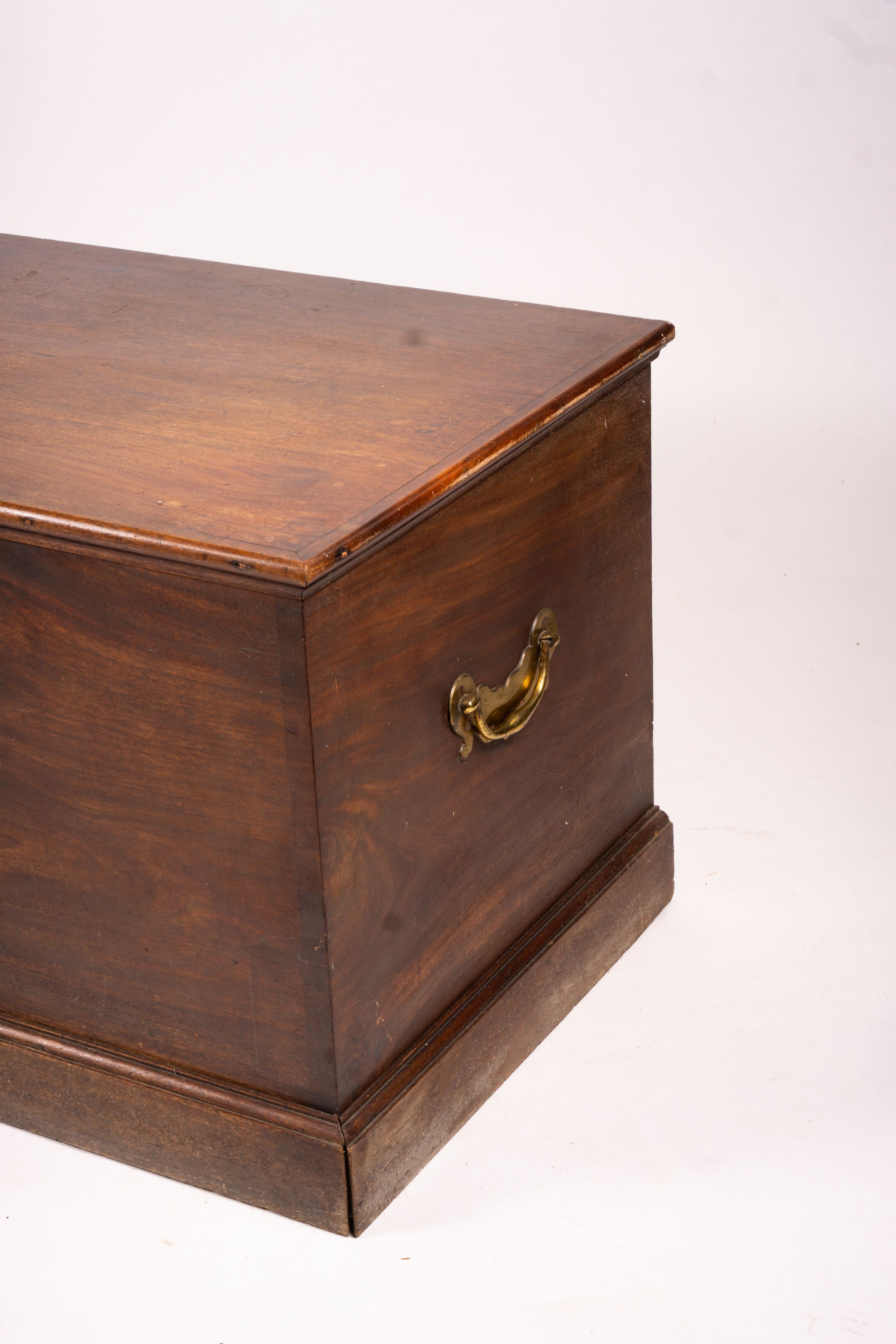 A large 19th century mahogany trunk with brass side handles, length 125cm, width 63cm, height 62cm